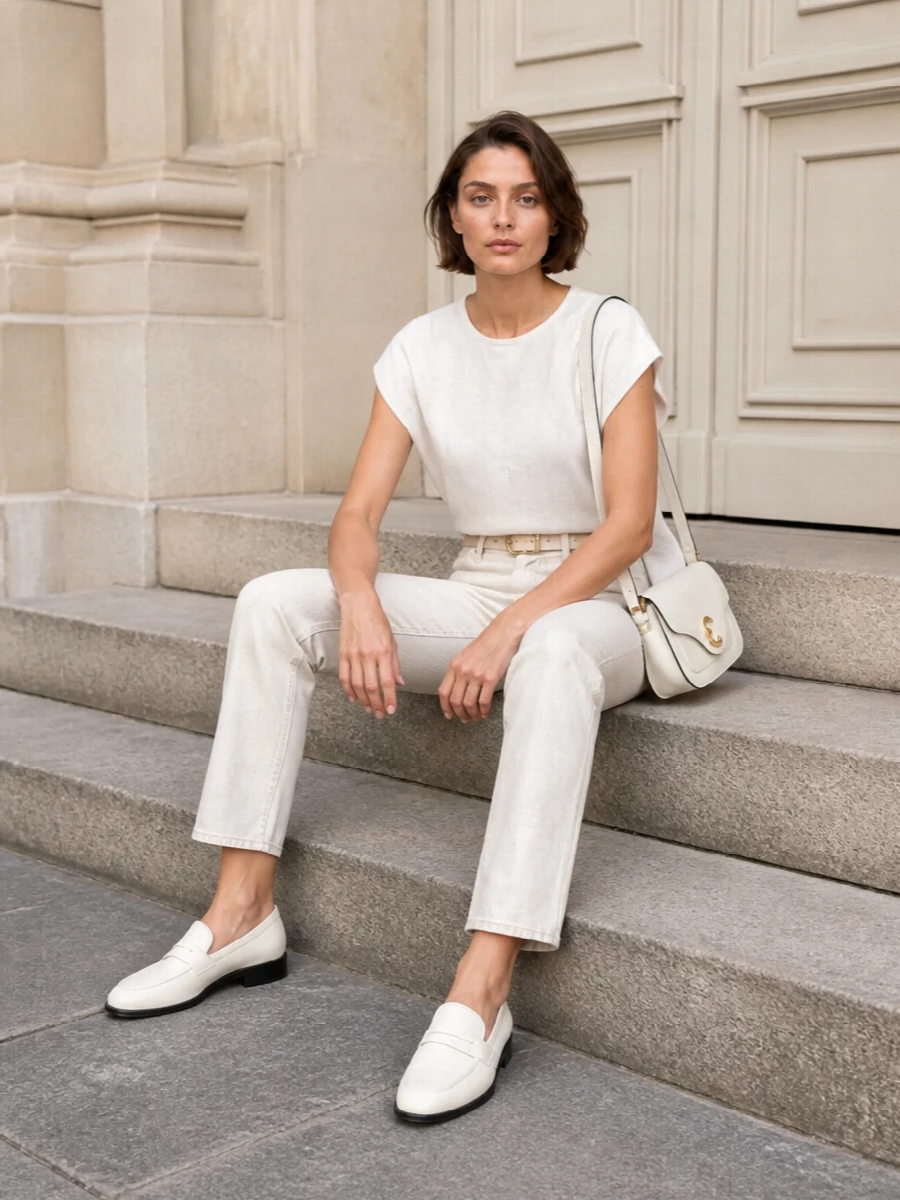 Calvin klein ecru jeans ivory loafers outfit