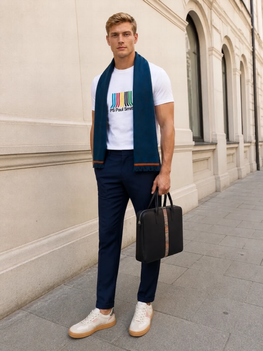 Crisp Paul Smith branding up top is grounded with slim ink‑navy tailoring for a smart take on street‑preppy. Off‑white gum‑sole sneakers keep it relaxed, while the striped briefcase and teal‑shot scarf pull the colour story together for city days that move easily from office casual to late‑afternoon drinks.