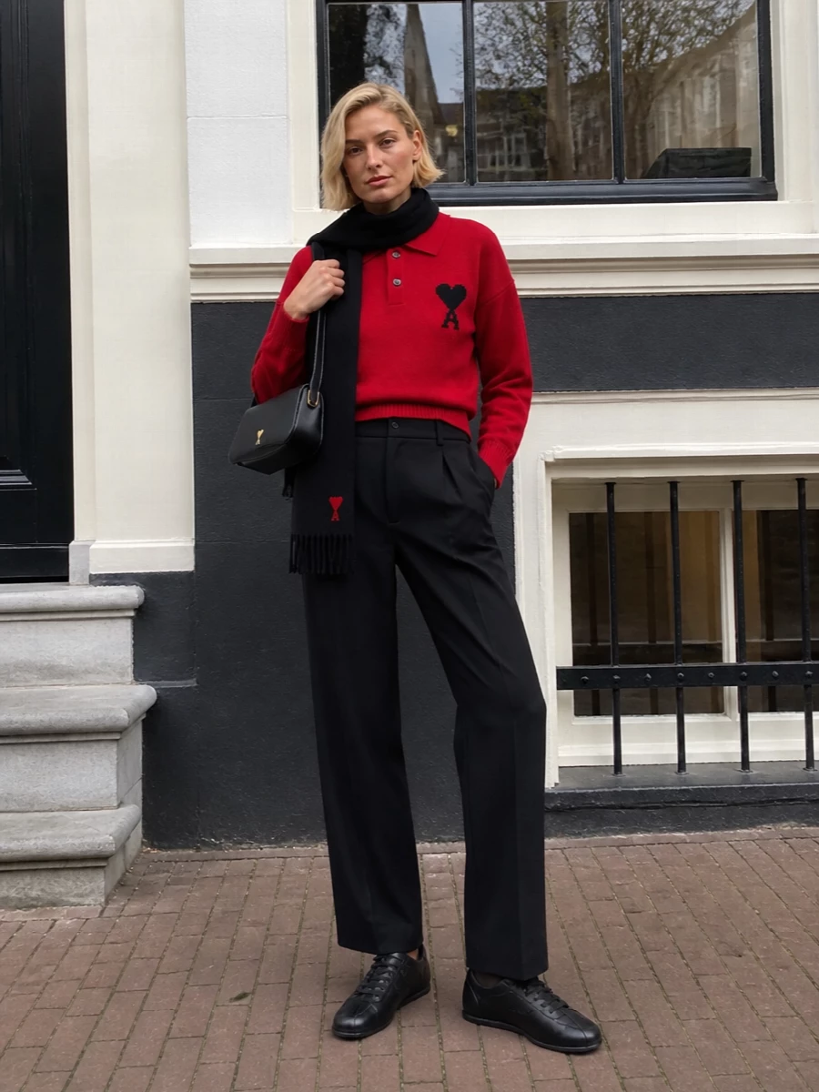 Ami paris red knit black tailored trousers