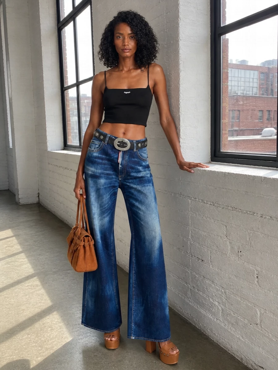Dsquared2 wide leg jeans platform sandals outfit