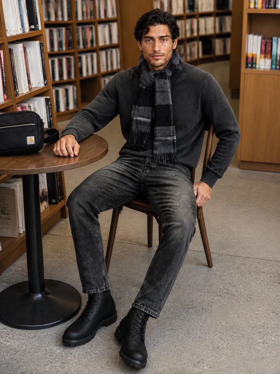 Carhartt wip washed black jeans charcoal crew boots