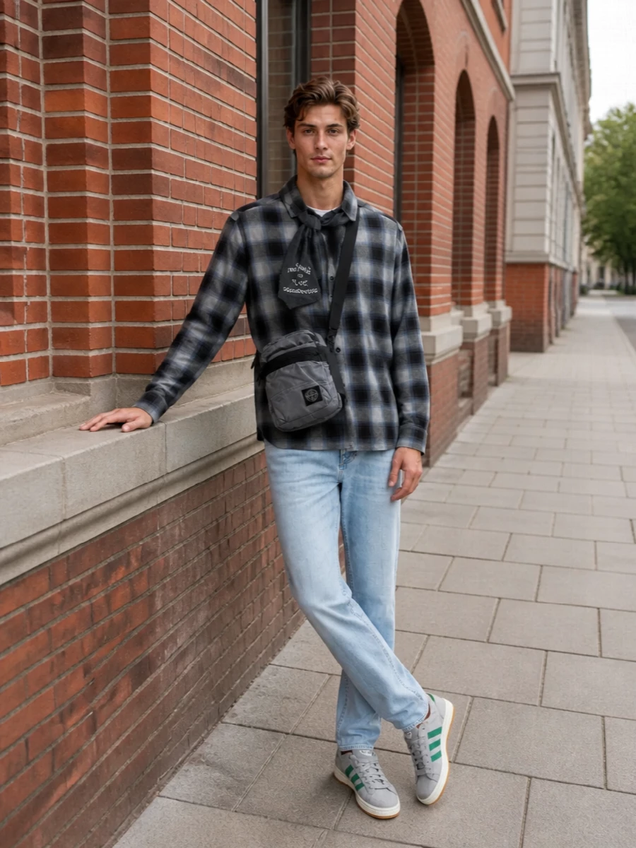 Stussy checked shirt light jeans adidas sneakers
