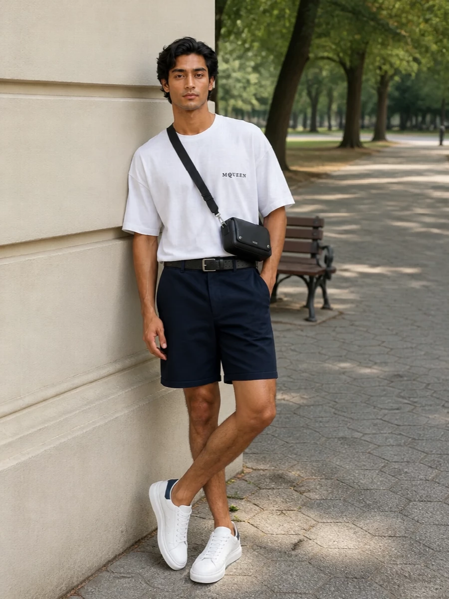 Alexander mcqueen navy shorts white oversized tee