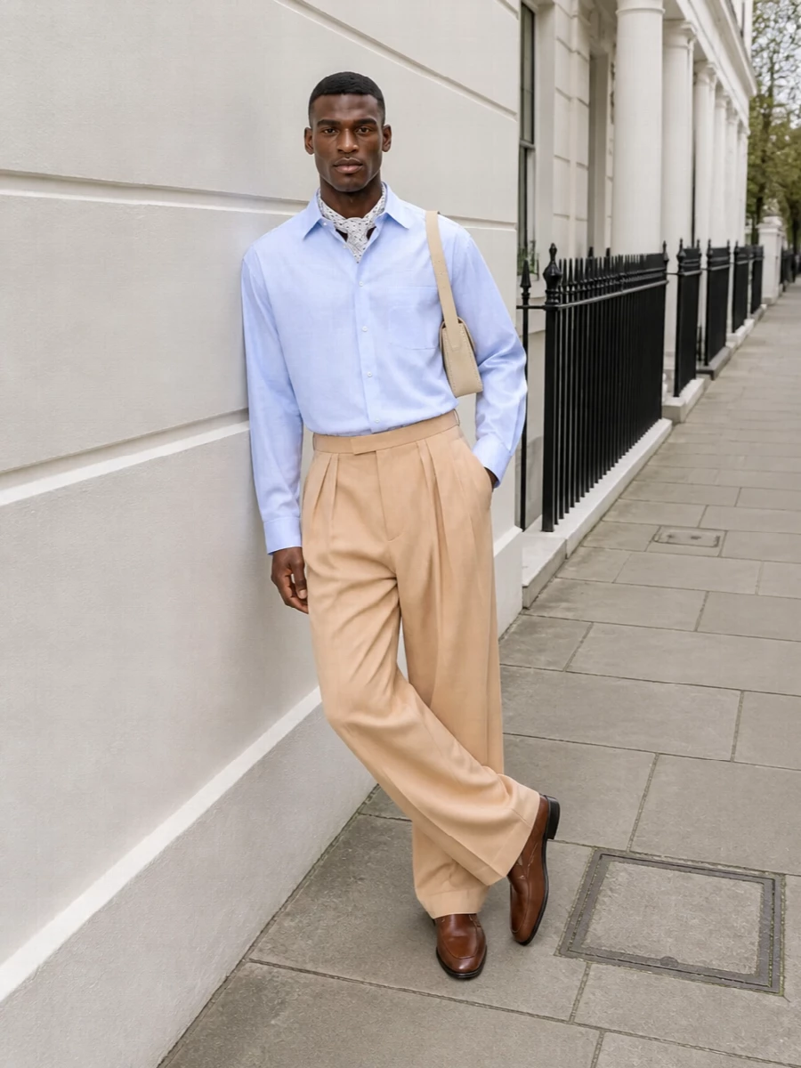 Dries van noten beige wide leg trousers blue shirt