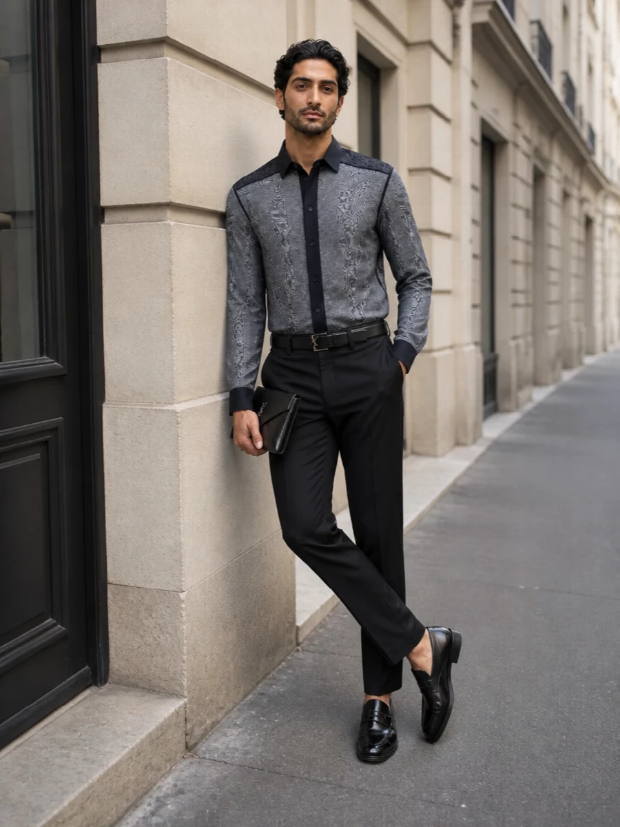 Saint laurent sheer shirt slim black trousers