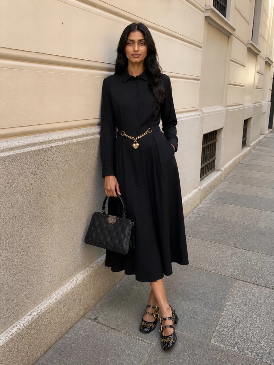 This is a hard-working black evening dress story with a quiet rock edge, built around metal hardware rather than color. The chain-belted Moschino shirt dress and studded Chloé Mary Janes create a continuous line of black and gold that feels sharp, a bit street, and very polished. The Valentino studded top-handle bag finishes it with a graphic, structured accent that keeps everything in the same elevated, chain-and-stud language without tipping into fuss.