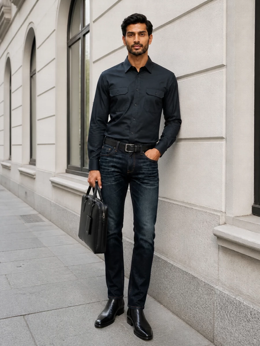 Tom ford dark jeans navy shirt black boots