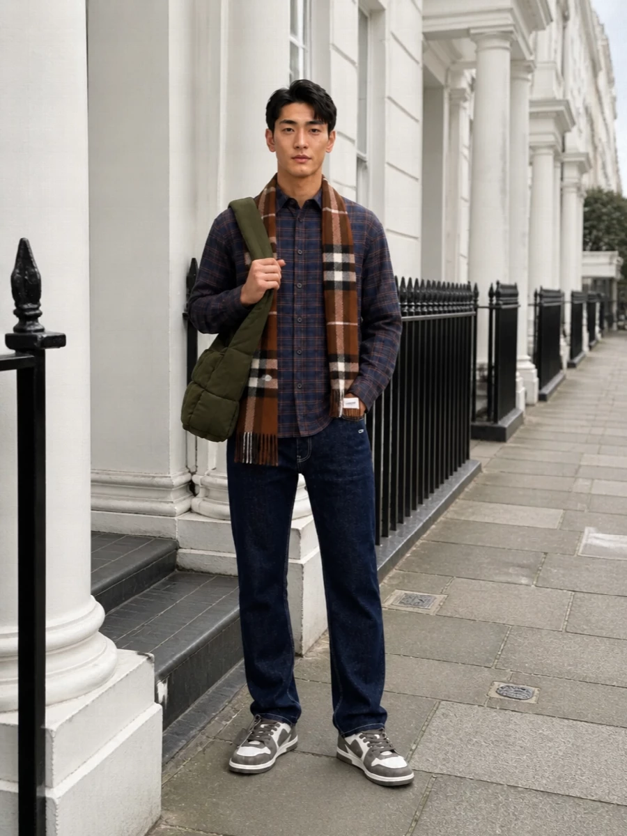 A moody checked shirt sits over inky straight-leg denim for that sweet spot between street and prep. Brown accented sneakers and an olive padded shoulder bag pull out the shirt’s chestnut warmth without breaking the navy base. A chestnut-toned scarf finishes it with a subtle heritage note that stays relaxed enough for weekend city plans.