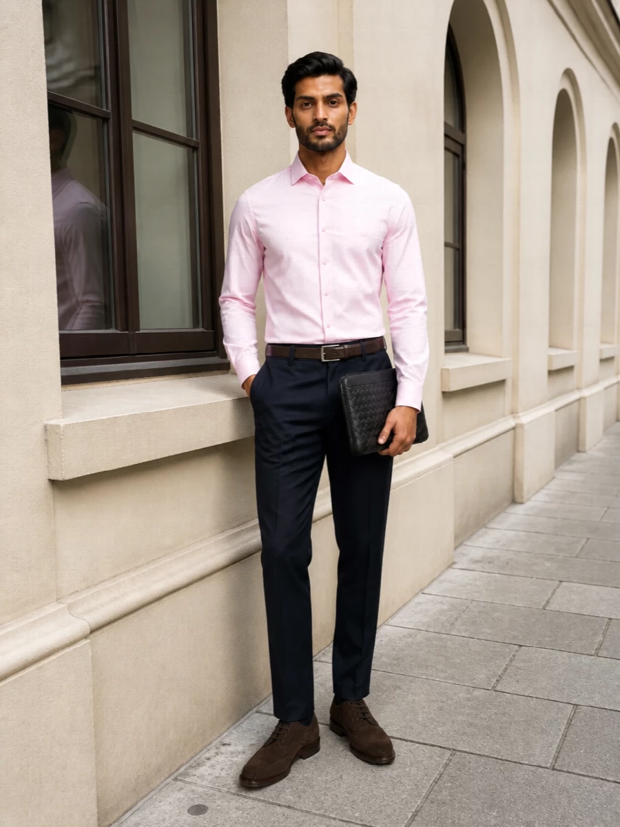 Etro pink shirt navy trousers suede brogues