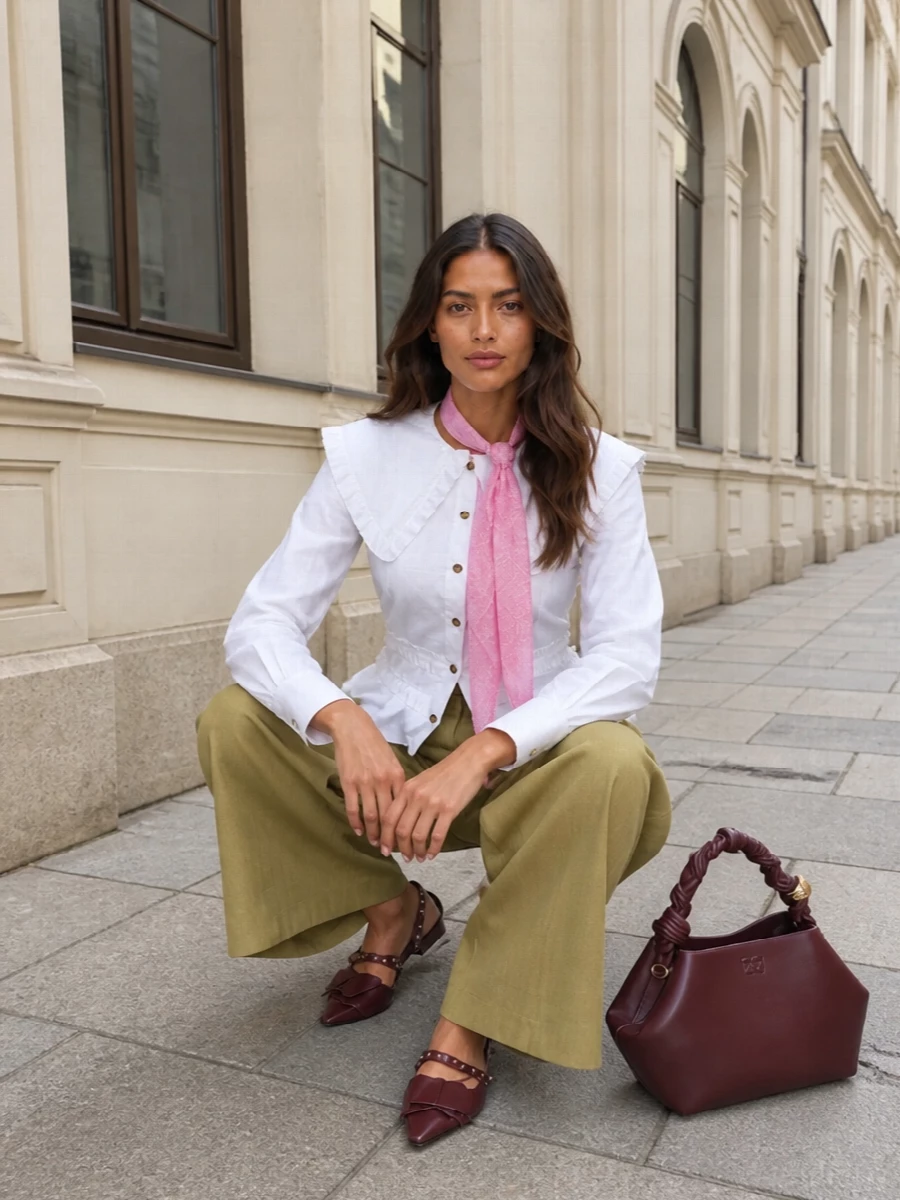 Ganni ruffle blouse wide leg trousers burgundy flats