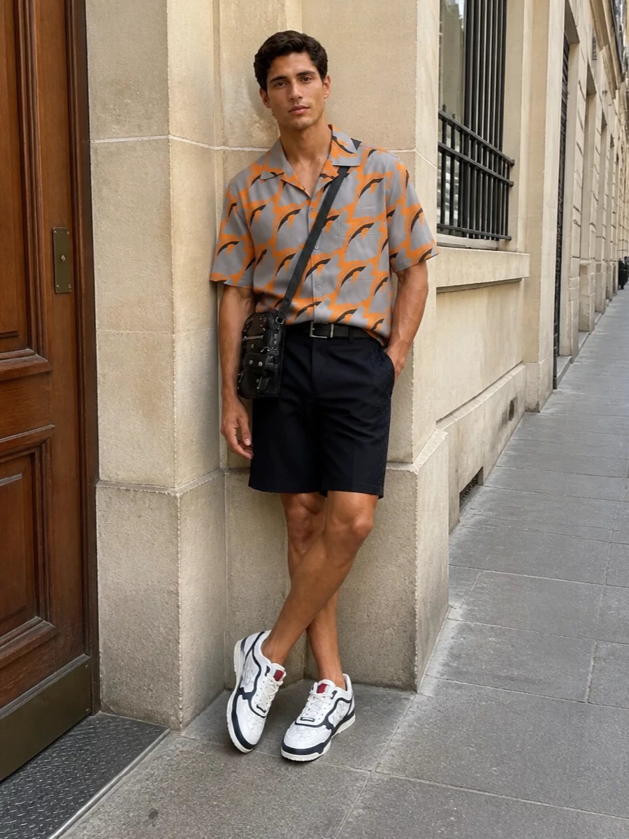 Gucci camp shirt shorts outfit balenciaga bag