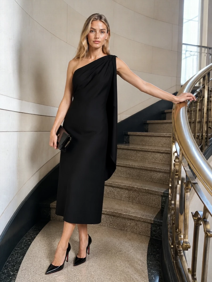 I’m anchoring this with the one-shoulder Loulou Studio dress rather than separates, because its clean column and asymmetric neckline feel truest to the razor-sharp attitude of the Louboutin pumps. The result is a pure black evening ensemble that reads modern and precise, with subtle drape and movement instead of overt embellishment. The matching Louboutin clutch keeps the focus on line and gloss, so the whole outfit whispers quiet luxury while still feeling decisively after dark.
