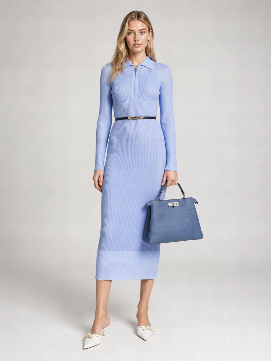 Fendi Silk Blend Ribbed Polo Long Dress