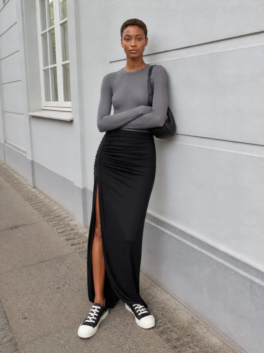 Rick owens grey top black ruched maxi skirt