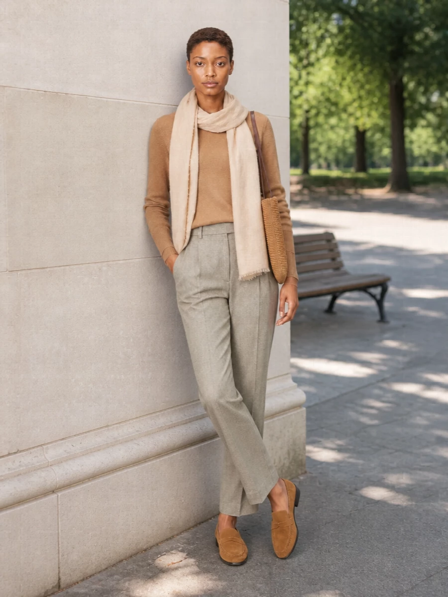 The row camel sweater taupe trousers outfit