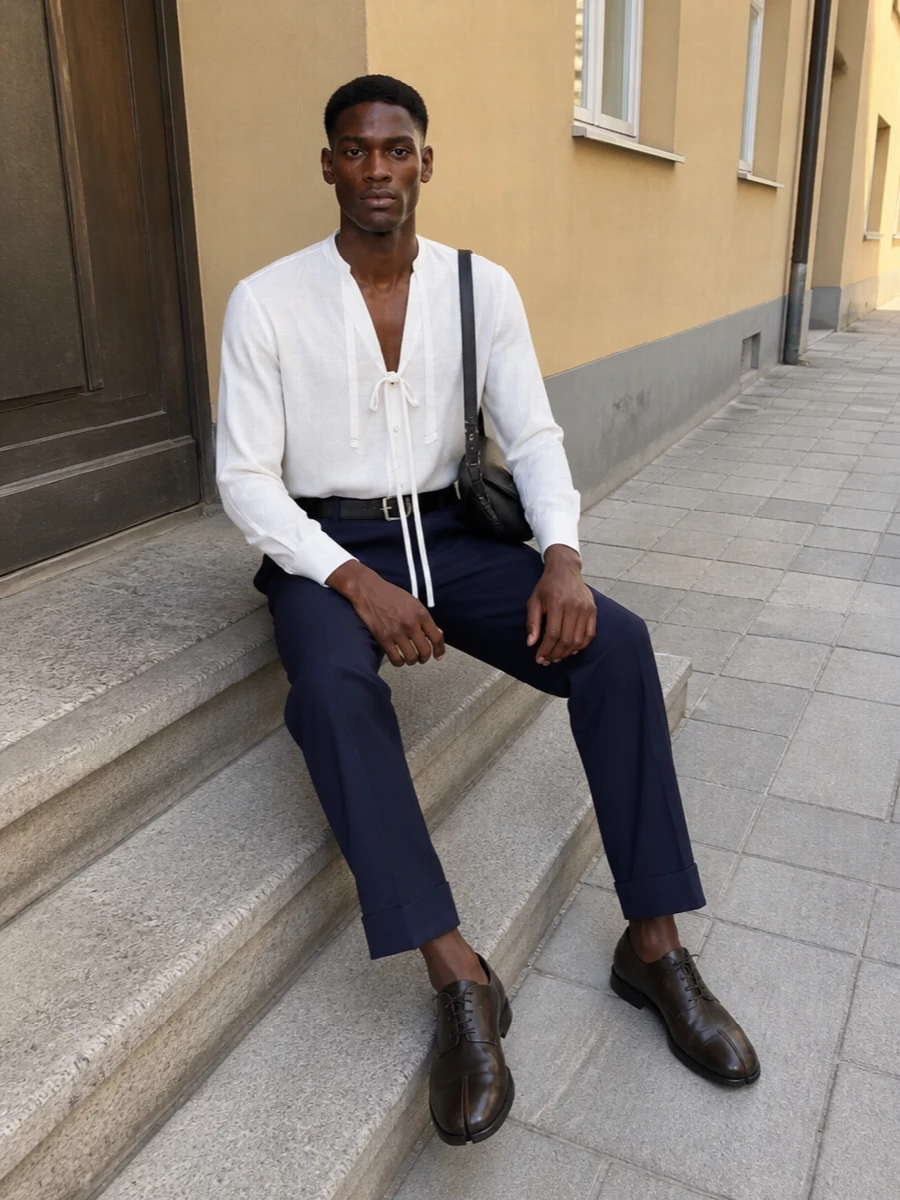 Maison margiela tie neck shirt navy trousers