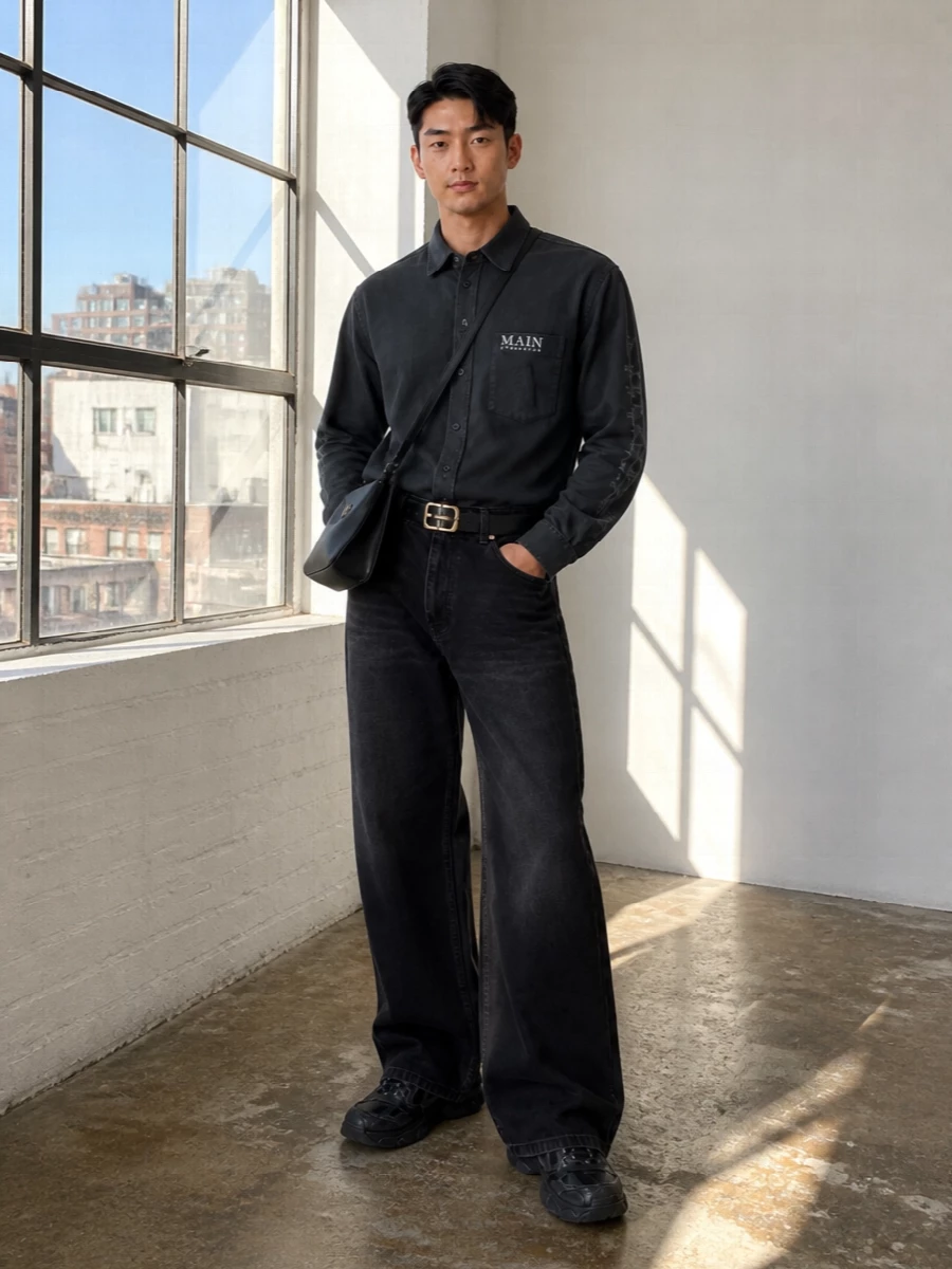 Balenciaga charcoal shirt wide leg jeans outfit