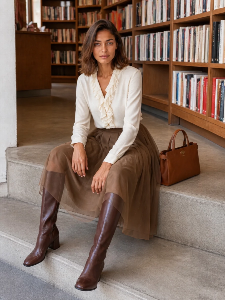Cream, mocha and cognac sit quietly together here, letting the skirt’s sheer movement play against a softly tailored blouse. Knee-high chocolate boots and a structured top-handle bag give the romance a grounded, city-ready finish. It is an easy choice for days that start at the office and end over a late dinner.