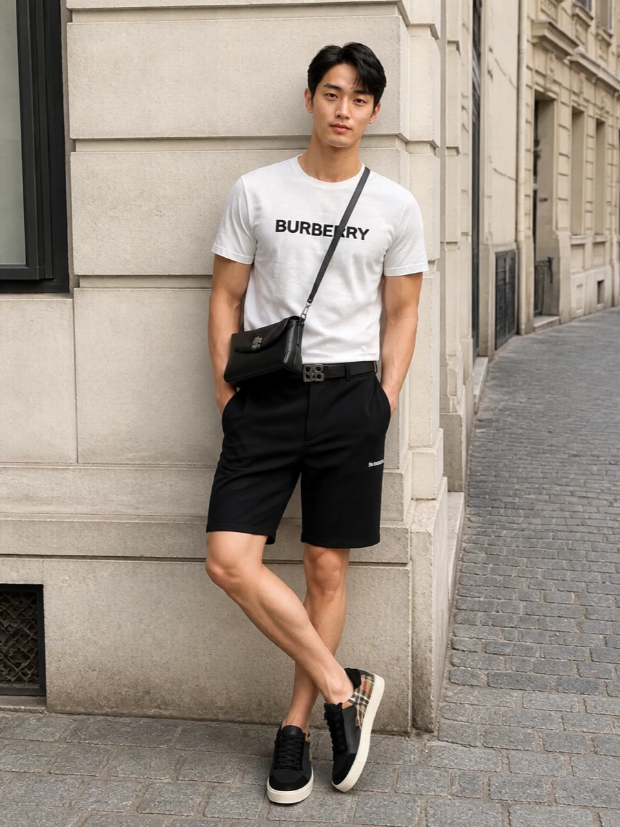 Black Burberry shorts are paired with the crisp white logo tee for a sharp, monochrome base that feels effortless yet clearly designer. Black-and-check Burberry sneakers ground the look with a subtle heritage accent, while a structured black Balenciaga crossbody and a slim logo belt add just enough polish to keep the outfit firmly in quiet-luxury territory. It’s a clean, logo-forward streetwear uniform that moves easily from city errands to casual dinners in FW.