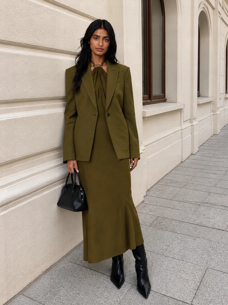 The attico olive blazer halter maxi dress outfit
