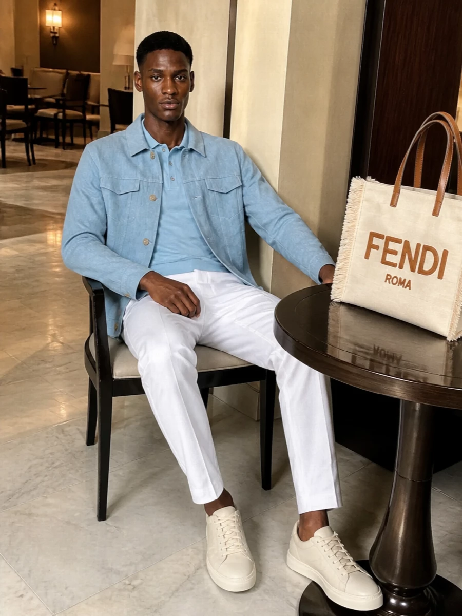 Kiton pale blue jacket white trousers outfit