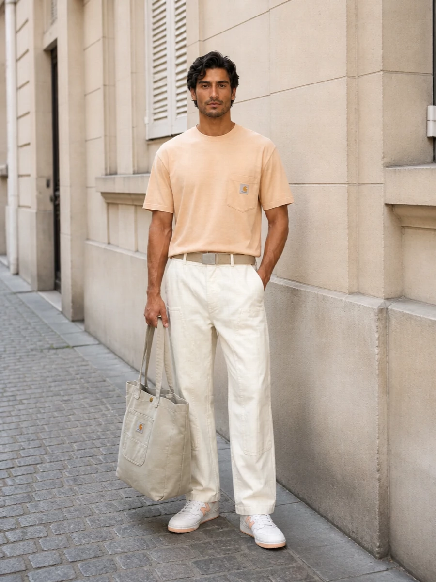 Soft peach on top with loose off white workwear trousers creates a clean, relaxed street uniform in a low contrast palette. The pale court sneakers echo the tee’s peach tone, keeping everything cohesive and easy. A stone canvas tote and sand webbing belt finish the outfit with practical utility that still feels considered.