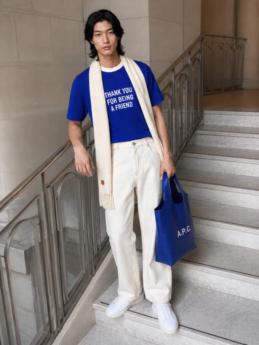 Ami paris cobalt tee off white jeans adidas