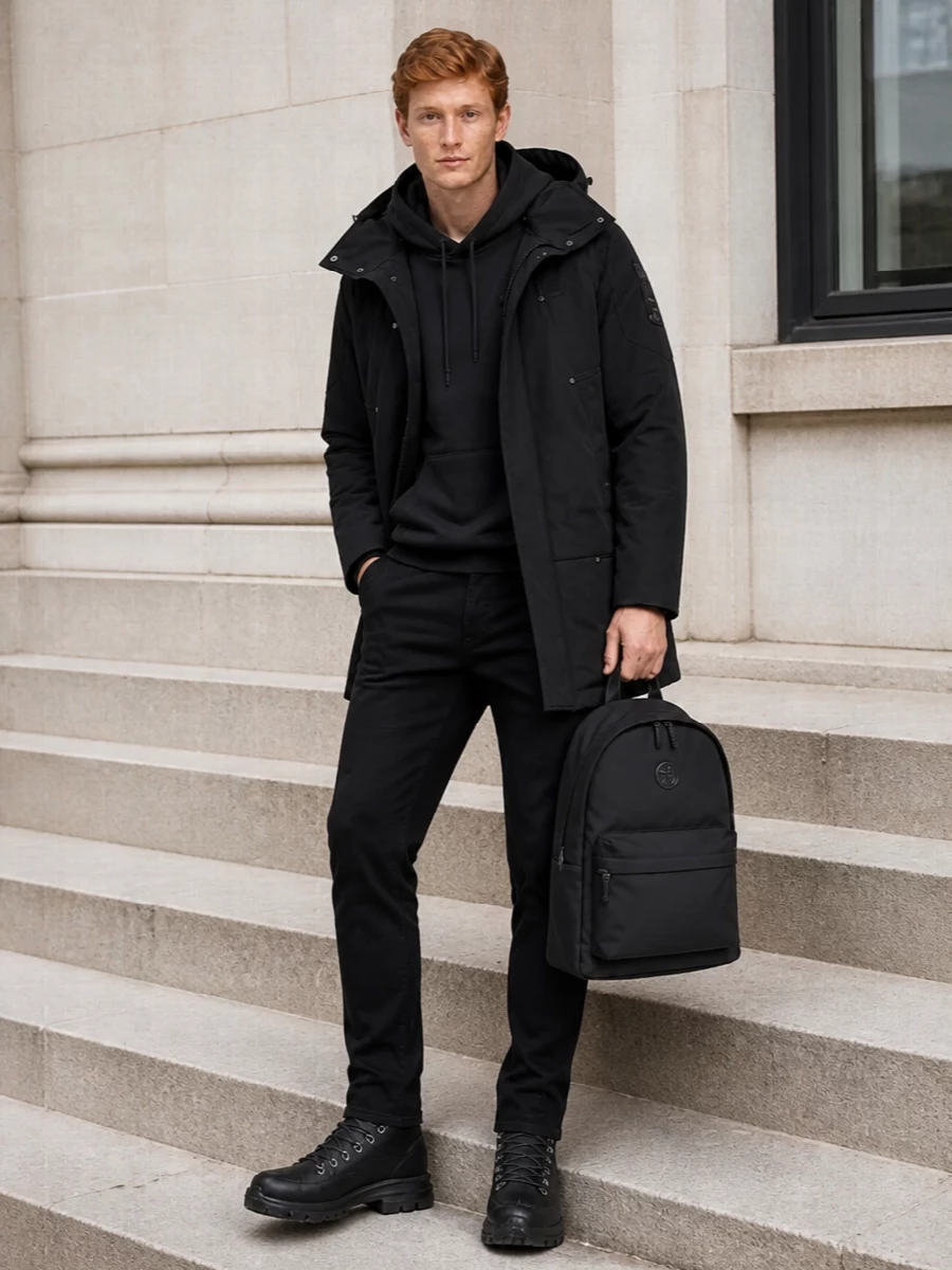 Moose knuckles parka black jeans boots outfit