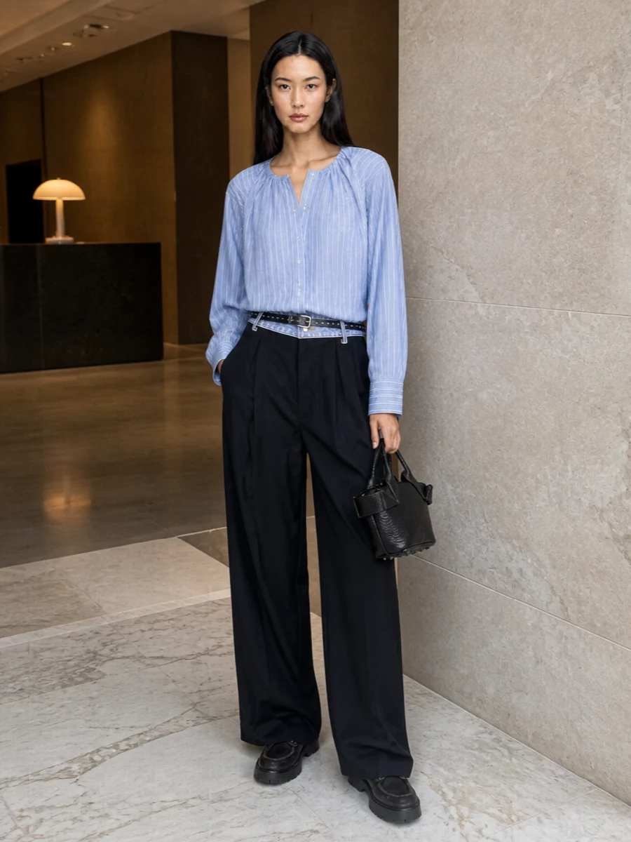 Alexander wang wide leg trousers striped shirt outfit