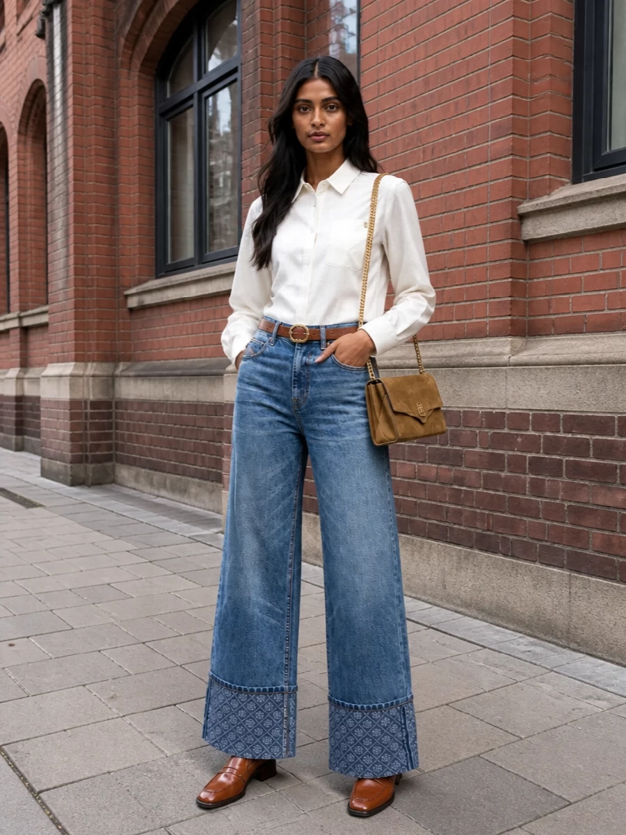 Tory burch wide leg jeans ivory shirt outfit