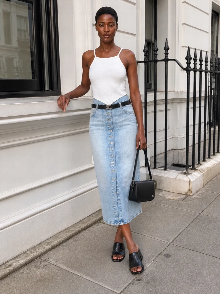 Courreges denim midi skirt black mules outfit