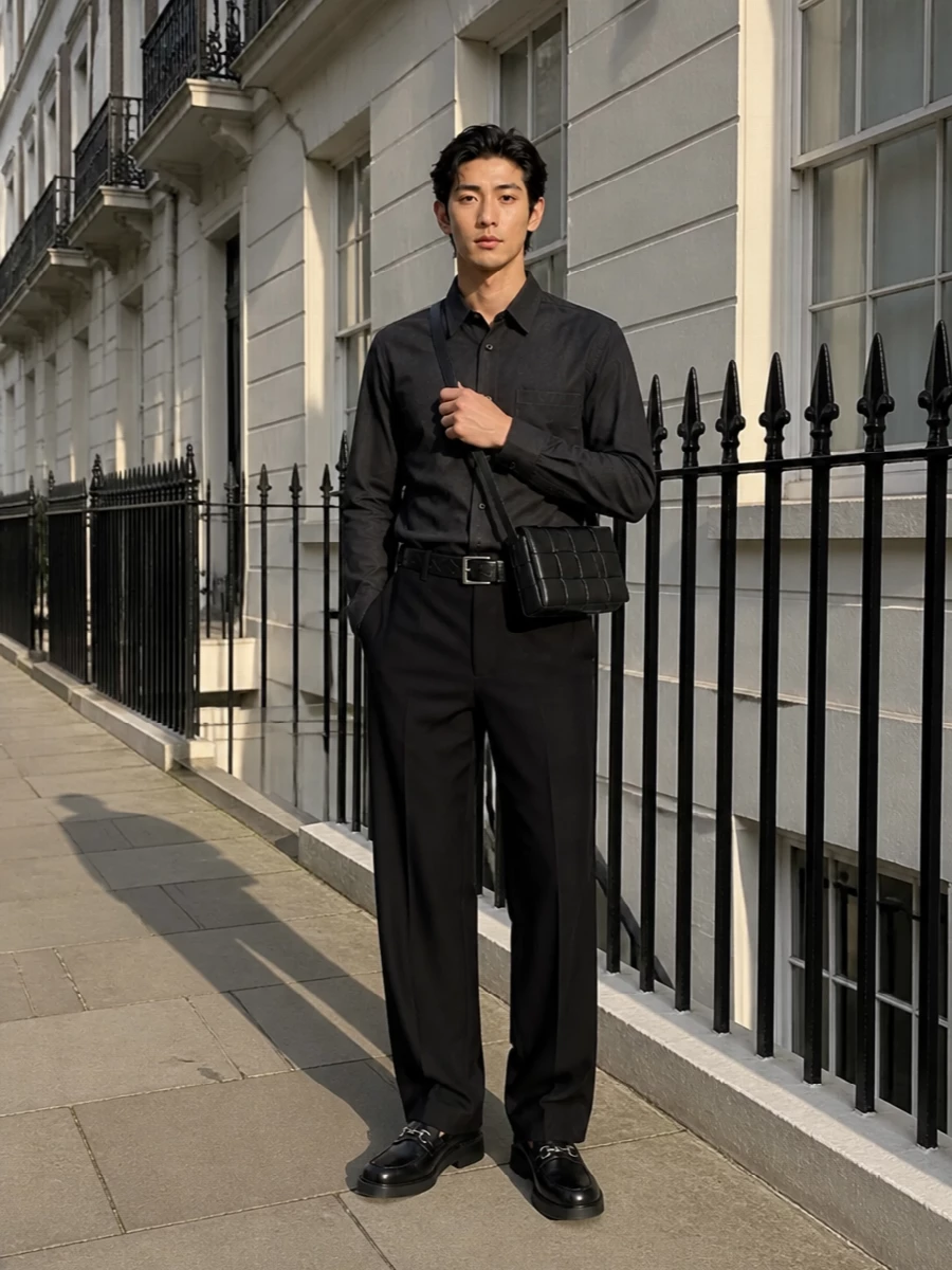 This look leans into a deep charcoal-and-black story: wide-leg Gucci trousers grounded by a tonal charcoal shirt for a minimal, gallery-to-dinner uniform. Chunky horsebit loafers add weight and polish at the hem, while the intrecciato crossbody and textured belt introduce just enough tactile interest to keep the silhouette sharp but quietly luxurious. It’s an understated, architecturally clean outfit that feels effortless yet considered from every angle.