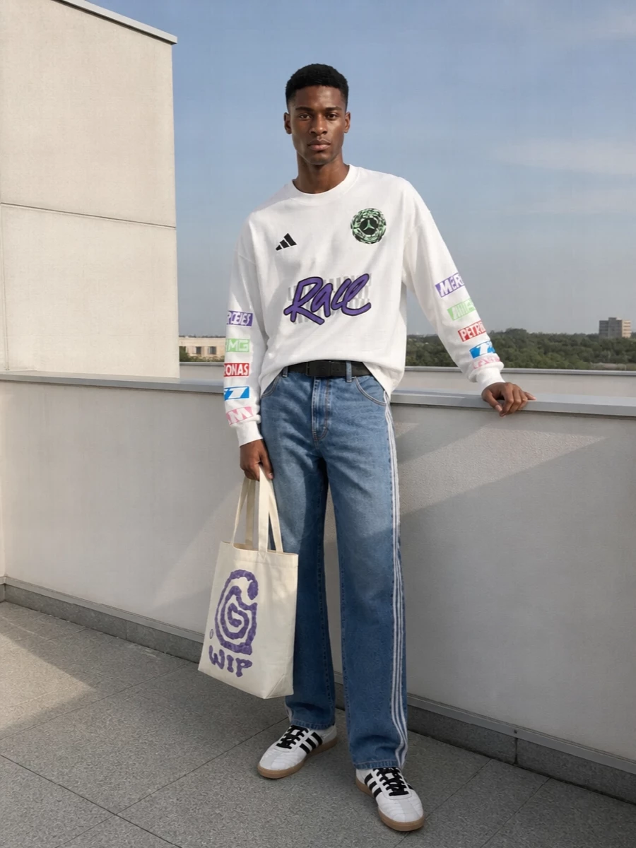 Adidas graphic tee stripe jeans sneakers