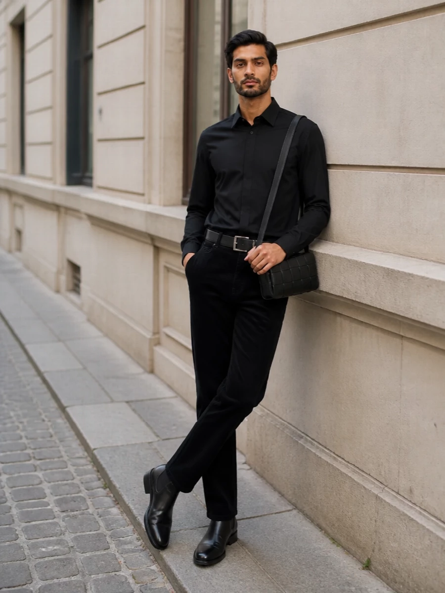 Black corduroy Saint Laurent trousers are paired with the house’s concealed-placket black shirt to form a razor-clean, monochrome base that feels quietly opulent rather than loud. Polished black Chelsea boots extend the sleek line, while a structured black intrecciato crossbody and a slim Saint Laurent belt add just enough texture and hardware to keep the look nuanced but rigorously minimal. The result is a FW-ready uniform that moves effortlessly from gallery afternoons to low-lit dinners with a distinctly Parisian edge.
