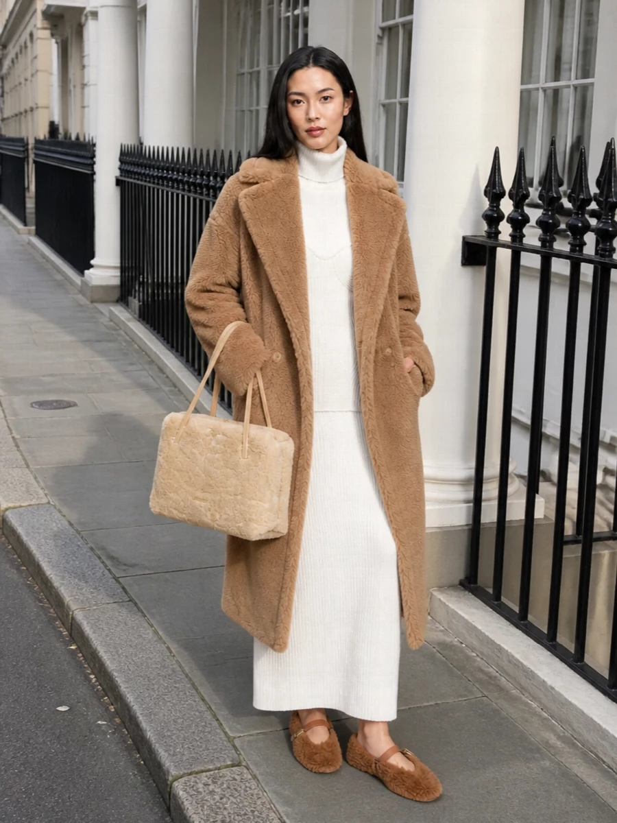 I chose the dress path to let the Max Mara teddy coat sit over one clean column rather than compete with tailoring, which keeps the volume intentional and the mood serene. The Gaultier ivory ribbed maxi, caramel Ferragamo flats and Jil Sander shearling tote build a tonal winter story of camel and cream that feels quietly expensive rather than overtly styled. Head-to-toe texture with a long, uninterrupted line gives you warmth, height and discretion in one move.
