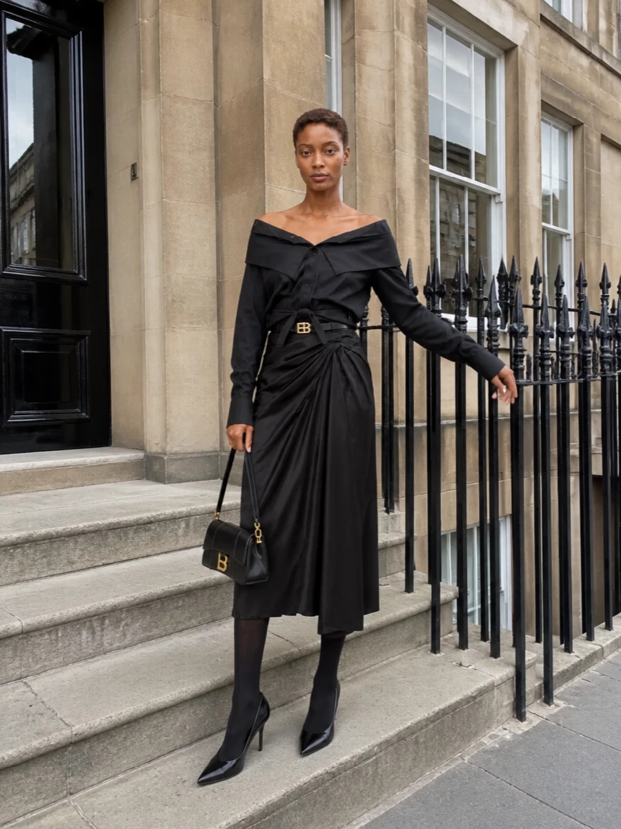 Balenciaga black draped midi skirt evening outfit