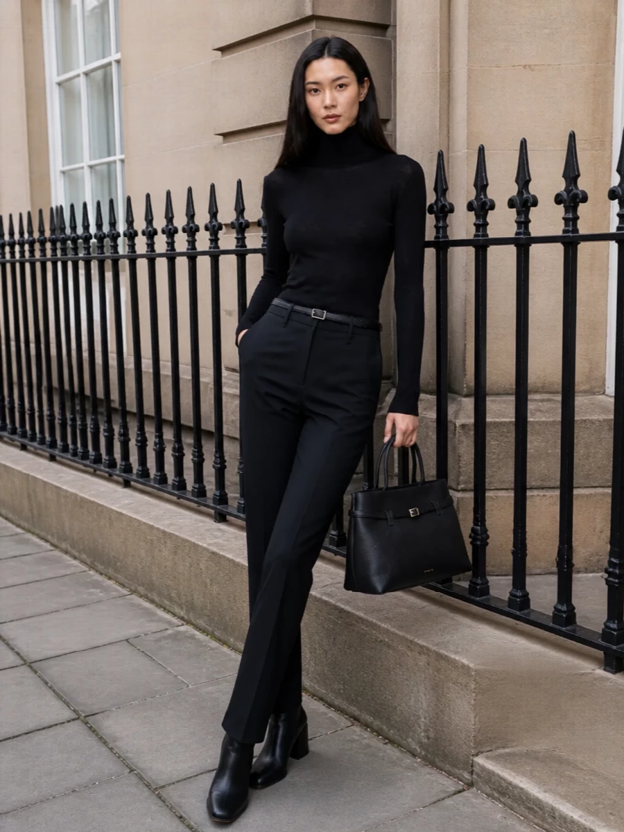 Max mara black turtleneck tailored trouser outfit