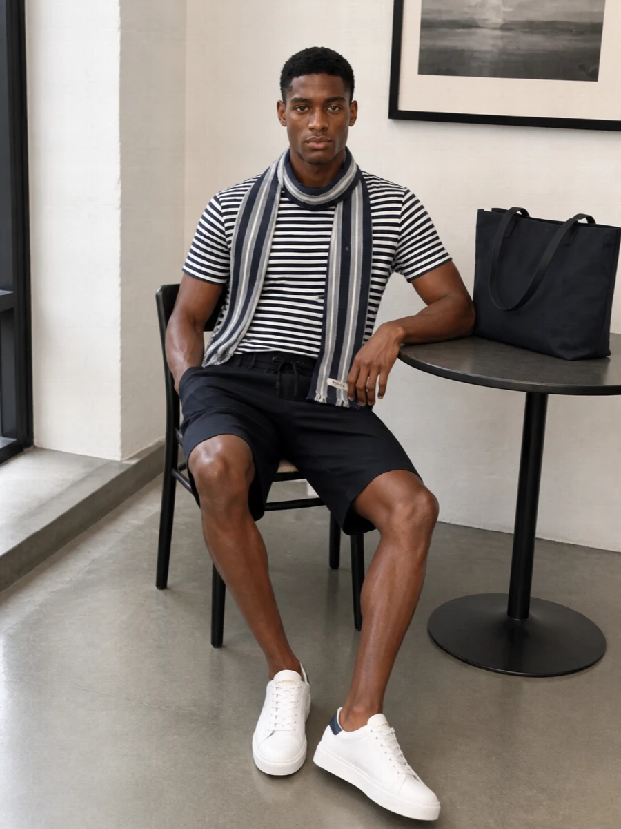 A navy Breton tee sits over tailored-style navy drawstring shorts for a clean, coastal take on off duty. White leather sneakers and a structured navy tote keep the palette crisp and minimal. A lightweight striped scarf adds a subtle nod to seaside evenings without tipping into novelty sailor.