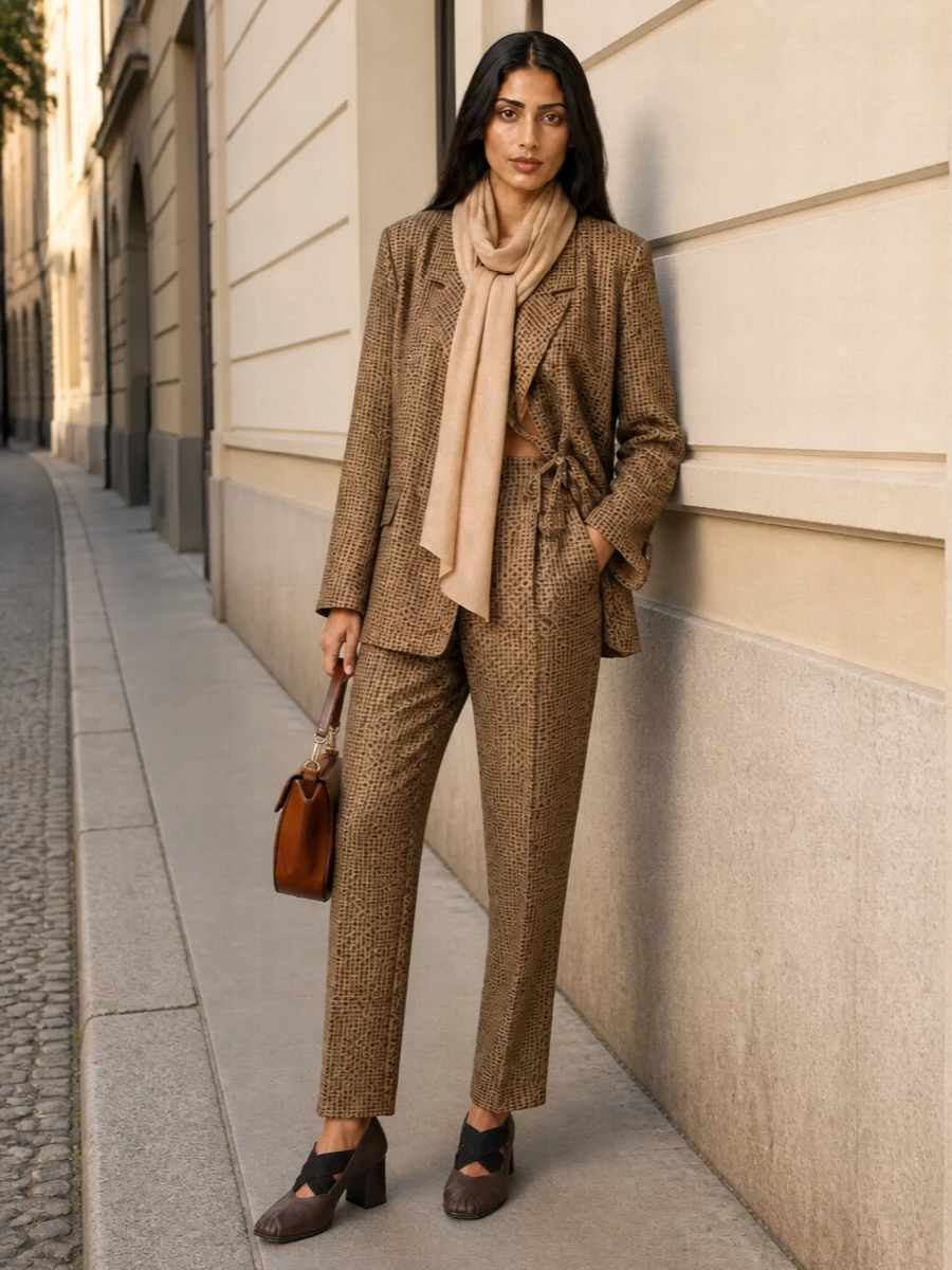Uma Wang’s wrap blazer and matching tapered trouser read as an artful two-piece suit, the tiny polka motif and fluid tailoring giving depth without noise. Espresso block-heel pumps and a sculptural cognac top-handle sharpen the silhouette, while a featherlight camel scarf adds a soft tonal layer for gallery days and design meetings alike. The result is relaxed but highly considered, all in warm browns that feel intelligent rather than loud.