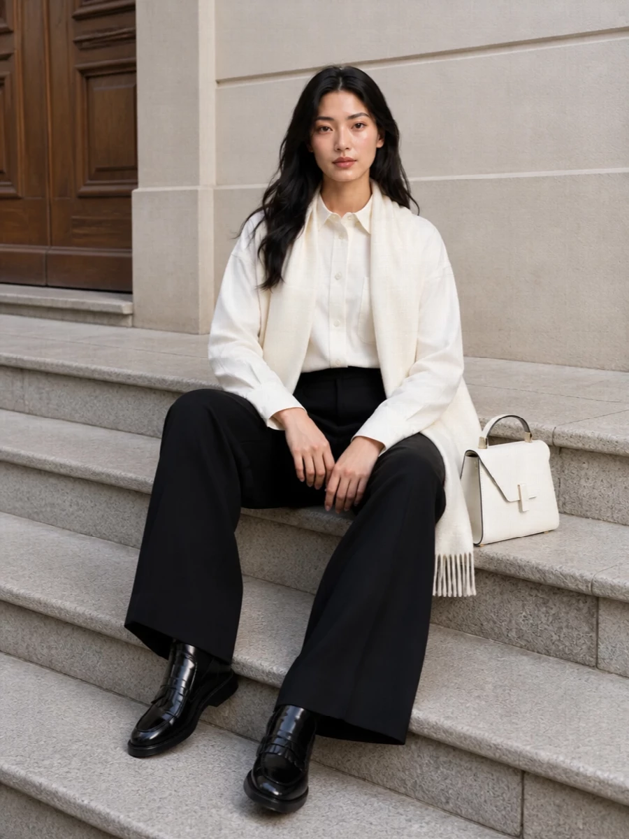 Sportmax ivory shirt black wide leg trouser outfit