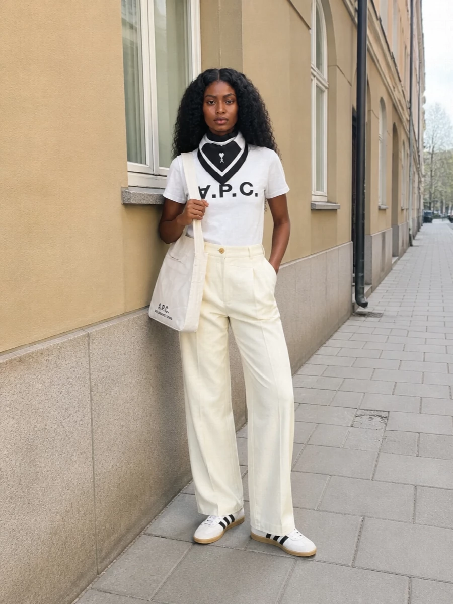 Graphic A.P.C. branding on top meets soft buttercream pleated trousers for a clean, modern take on Parisian off duty. Retro terrace sneakers and an easy ivory shoulder bag keep it relaxed but intentional for city days. A monochrome scarf detail pulls the black-and-white story through without disturbing the calm palette.