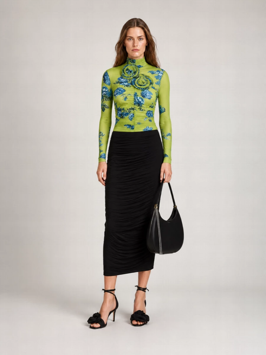 Magda Butrym Floral Print Ruched High Neck Long Sleeve Blouse