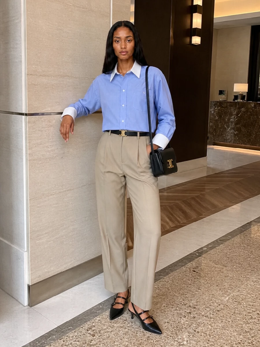 Celine cropped shirt beige tailored trousers outfit