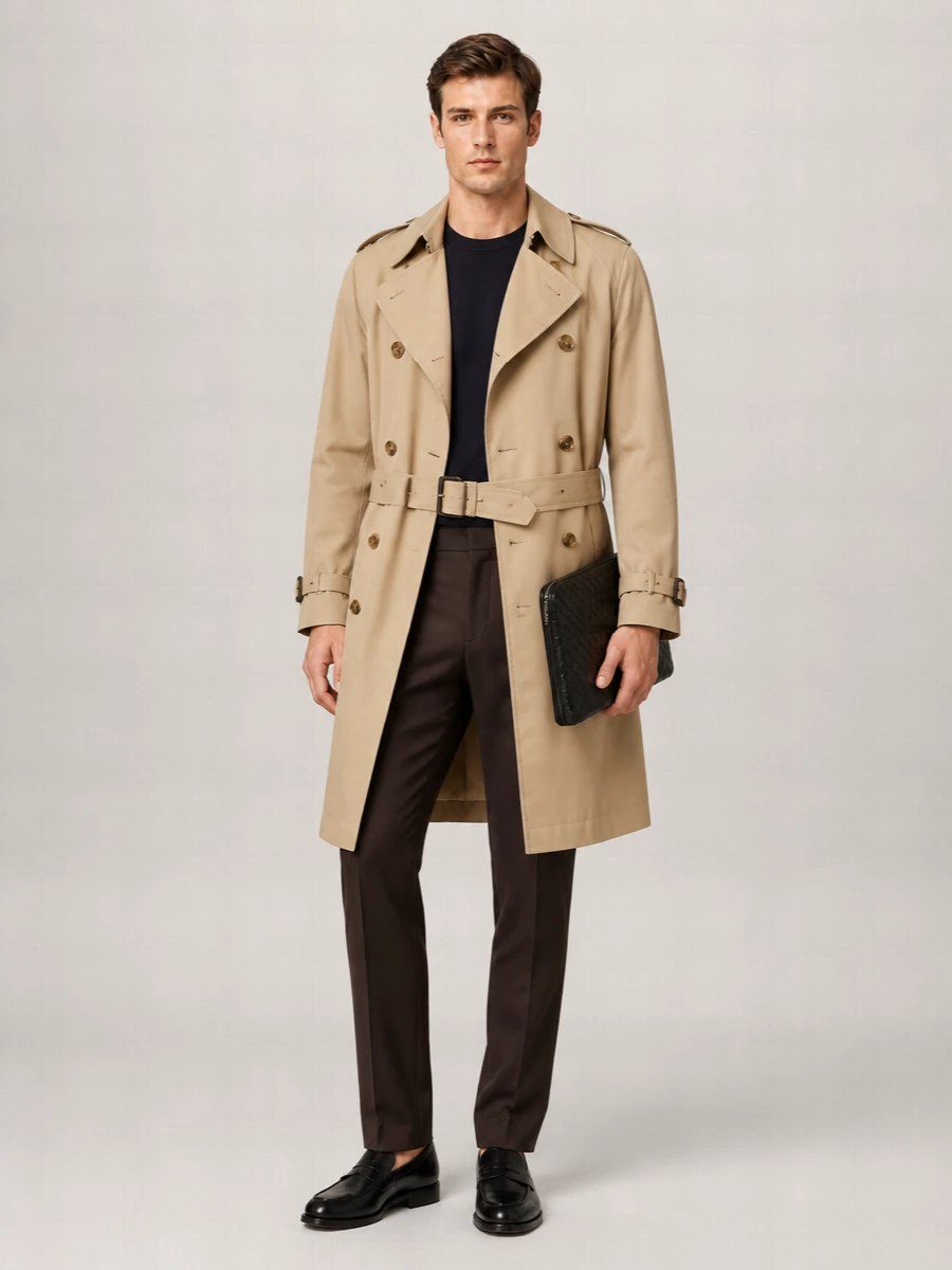 Boss Cotton Double-Breasted Belted Trench Coat