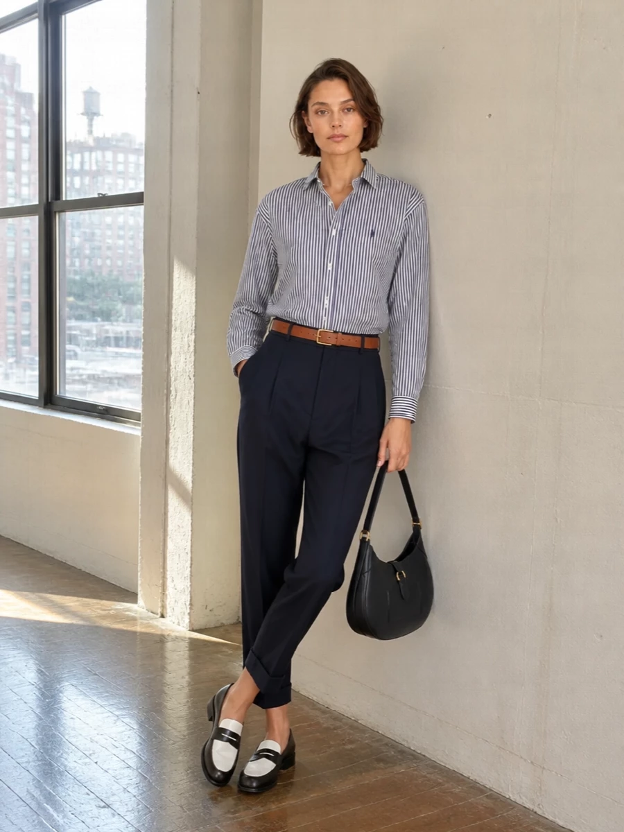 Polo ralph lauren striped shirt navy trousers outfit
