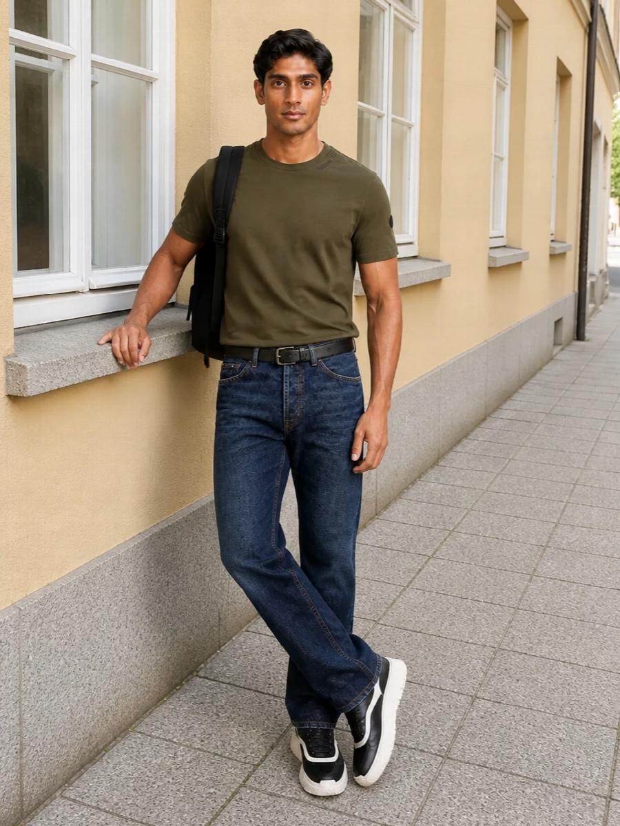 Moncler jeans olive tee black runner sneakers