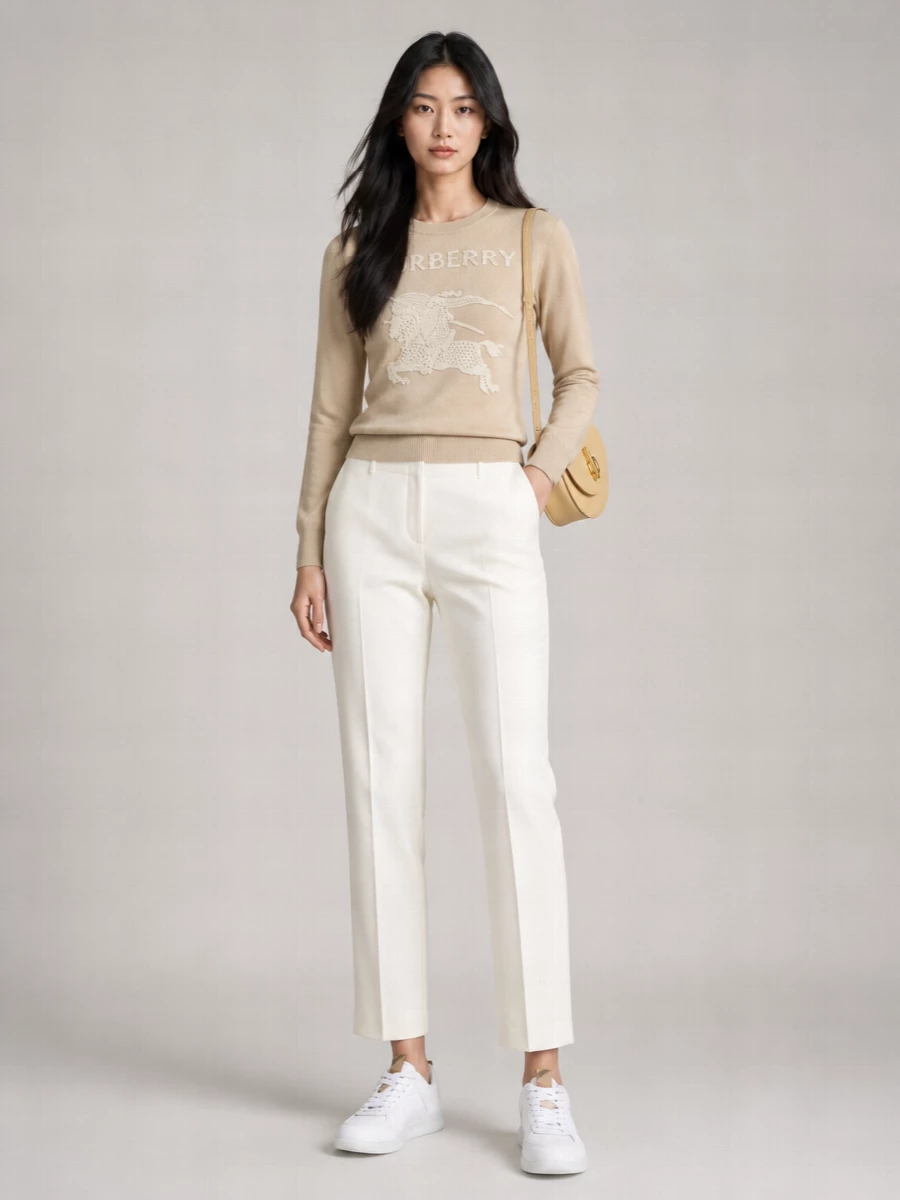 Burberry Wool Cotton Embroidered Crew Neck Long Sleeve Sweater