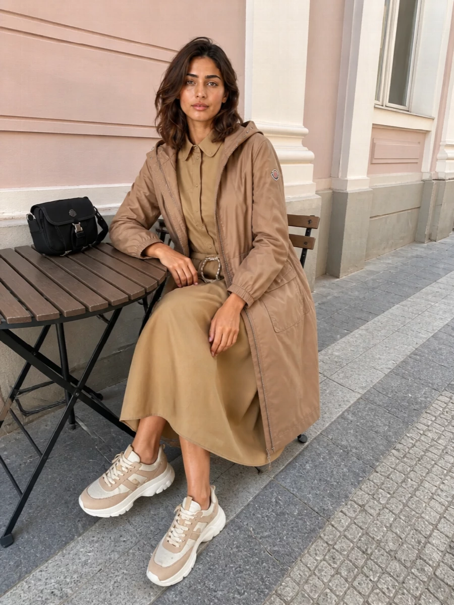 Moncler parka camel shirt dress sneakers