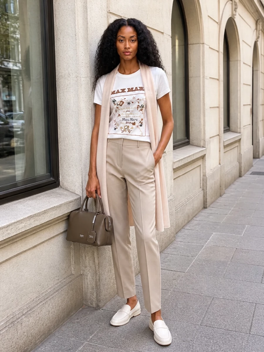 A soft white embroidered tee meets warm beige tailoring for a quietly polished take on preppy dressing. Ivory loafers and a structured taupe top-handle keep the mood refined yet relaxed, with a sheer nude scarf adding a subtle, feminine layer. The result feels considered enough for city days, but easy enough to wear from café to gallery without a change.