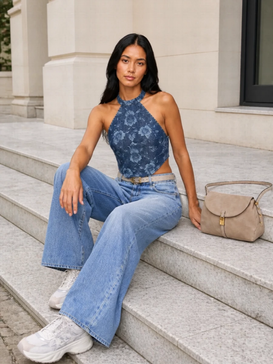 Pinko wide leg jeans denim halter outfit